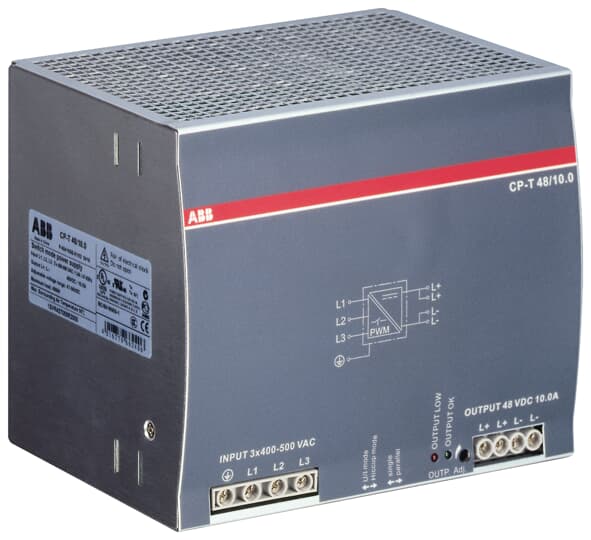 ABB Electrification Switching Power Supply; CP-T 48/10.0; 48VDC OUT; 480W; 340-575VAC / 480-820VDC IN; 3-Phase; DIN Rail Mount